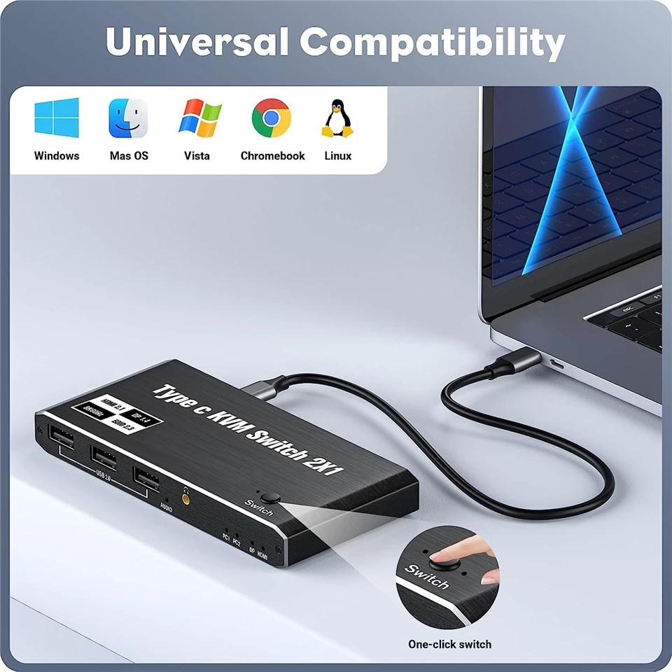 Navceker 2x1 8K Thunderbolt 4 USB C KVM Switch 100W PD Charge 4K 144Hz Type C KVM Switch Switcher for 2 Laptop Macbook 1 Monitor