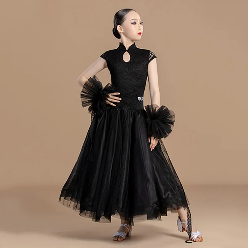 Children Modern Dancewear Girls Lace Sleeveless Bodysuit Chiffon Large Skirts Performance Waltz Ballroom Dance Costume