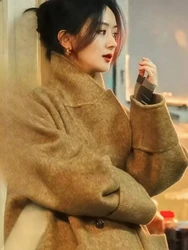 Office Lady Woolen Jackets 2024 Autumn And Winter Suit Collar Double Breasted Big Pockets Loose Long Women's Wool Coats