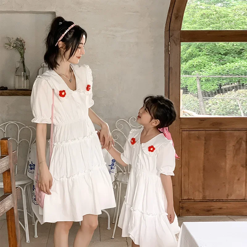 Mother and Baby Girl Big Collar Dress 2023 Summer Equal Mom and Daughter Matching White Puff Sleeve Dresses Cute Women Clothing