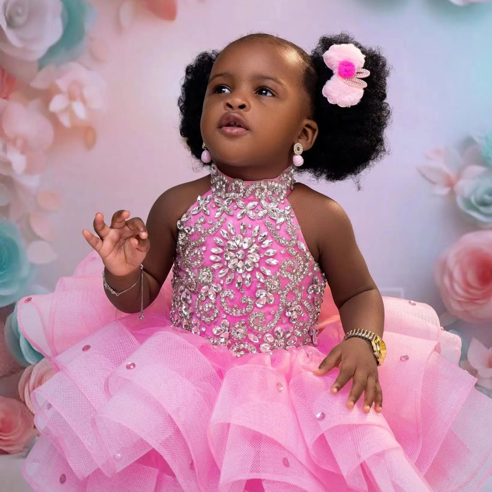 Cswdocy Crystal Girls Birthday Party Dress High Neck Tulle Ruffles Beaded Flower Girl Dresses Wedding Kids Short Prom Gown 2027
