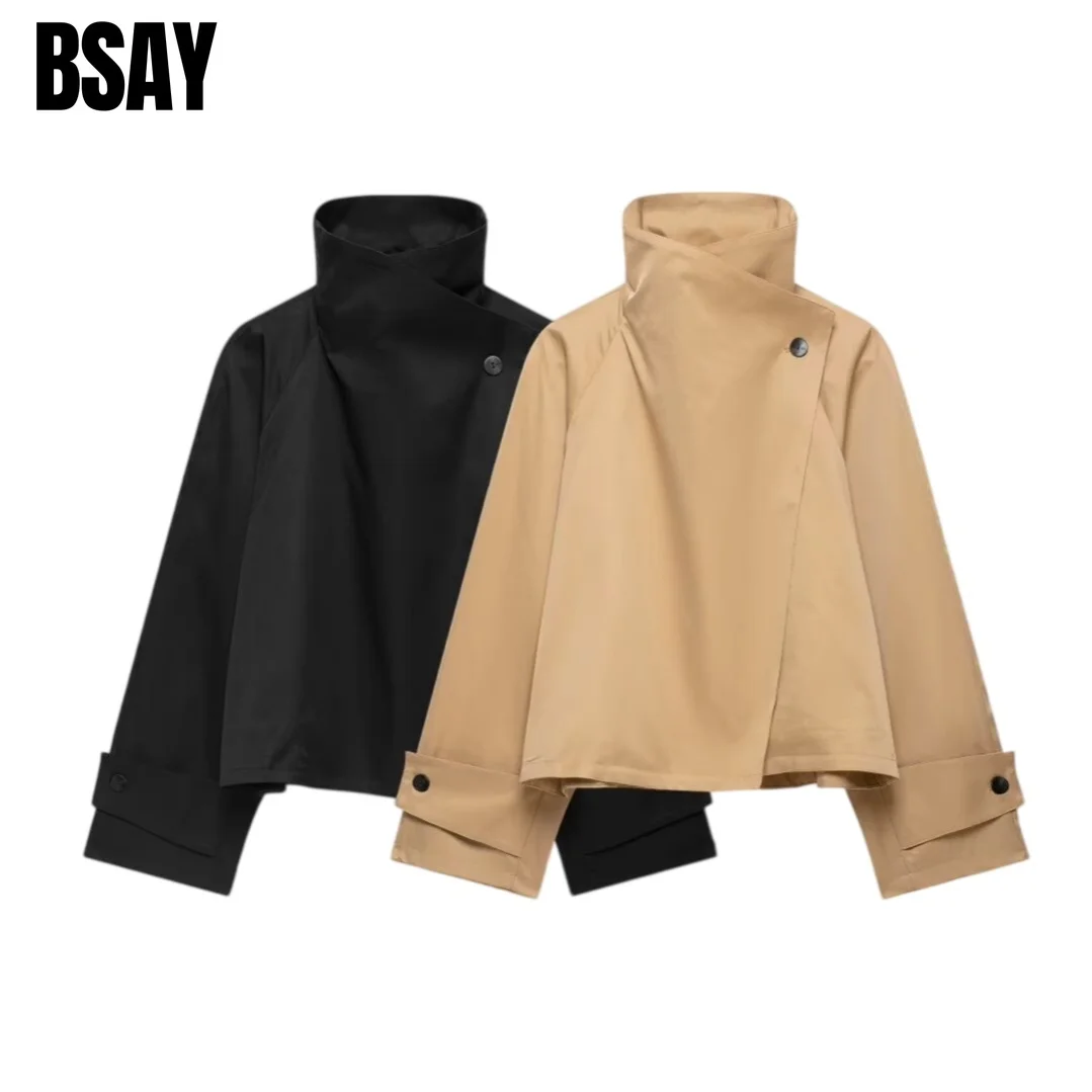 BSAY 2026 New Women Stand Collar Asymmetrical Button Cropped Trench Jacket Loose Solid Color Elegant Commuter Autumn Outerwear