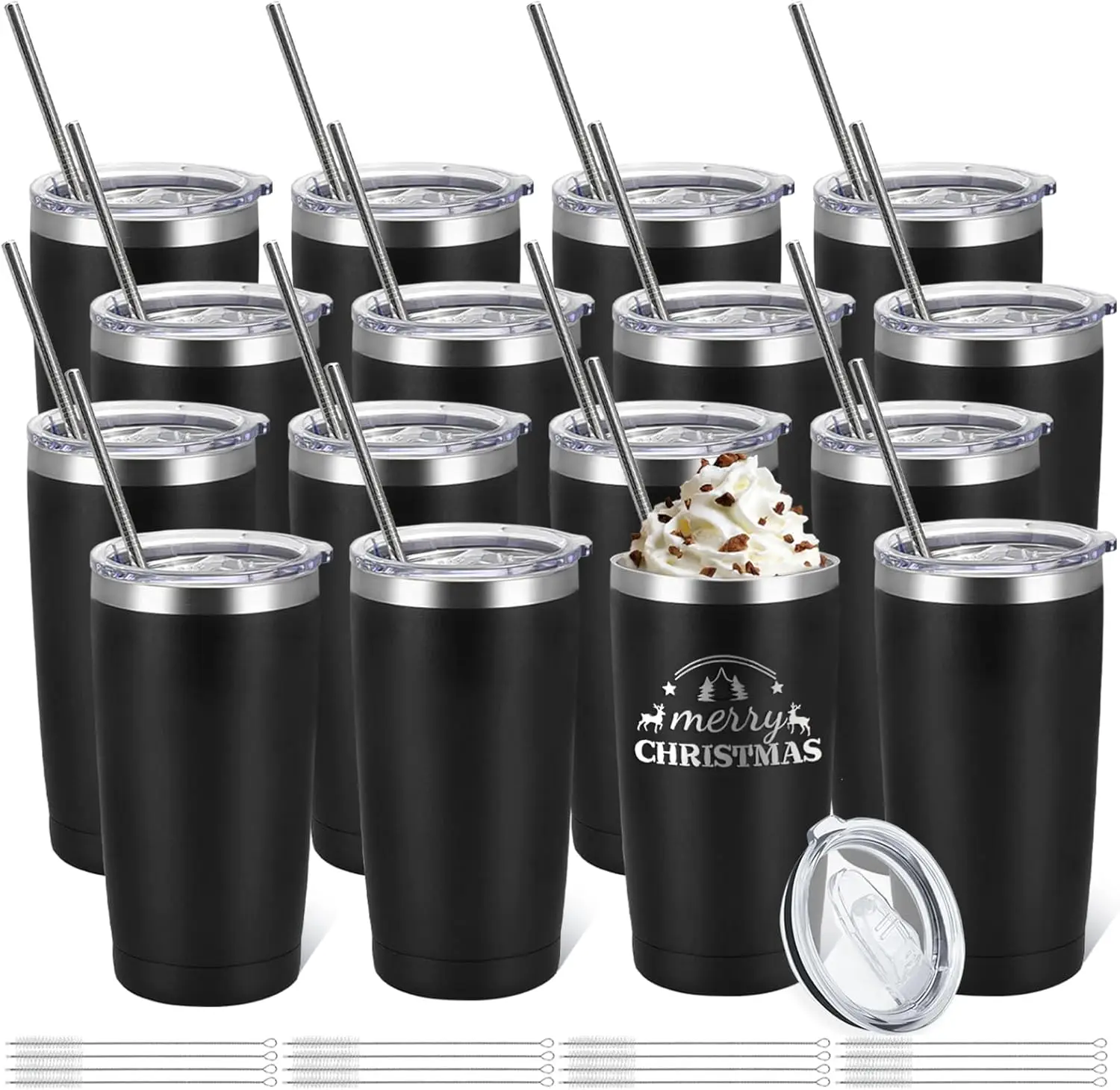 

16 Pack Stainless Steel Insulated Tumbler Set with Straws, Vacuum Travel Mug for Coffee, 20oz Black