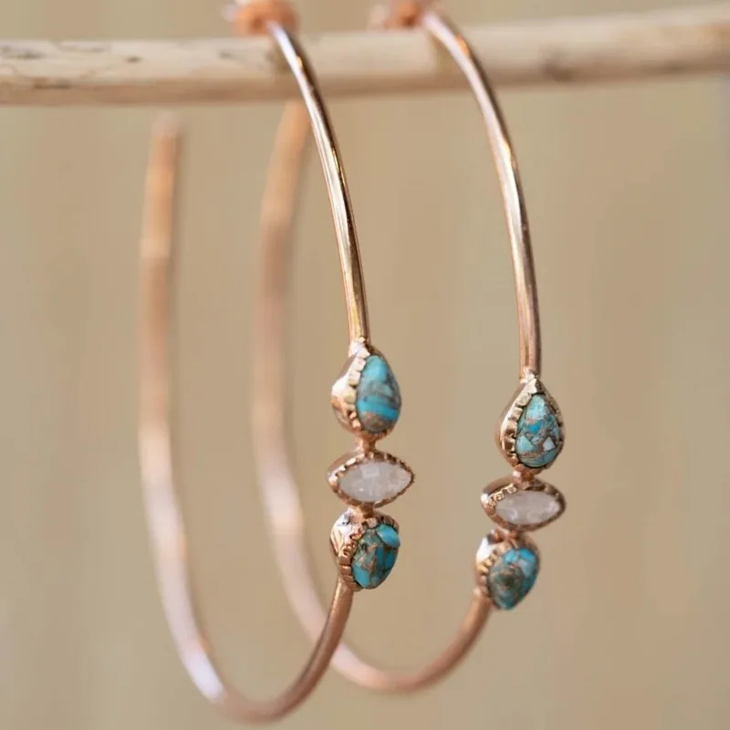 Boucles d'oreilles en forme de goutte d'eau pour femmes, style bohème rétro, Turquoise synthétique, grand cercle, mode concise, fête, Banquet, bijoux artisanaux