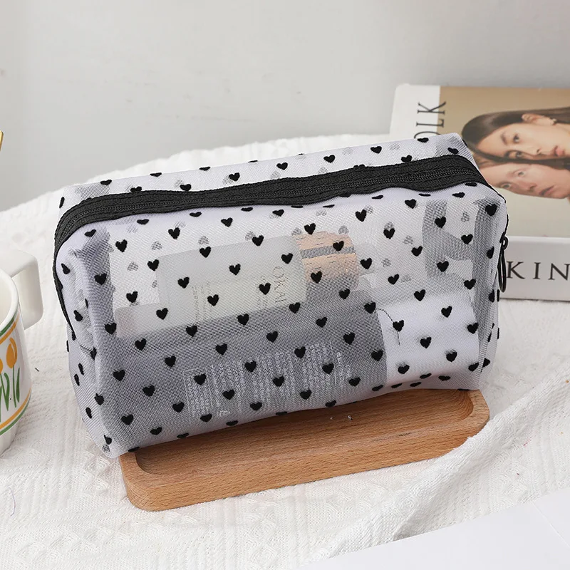 New Transparent Heart Mesh Makeup Bag Portable Nylon Women Make Up Tool Storage Pouch Travel Organizer Cosmetic Clear Zipper Bag