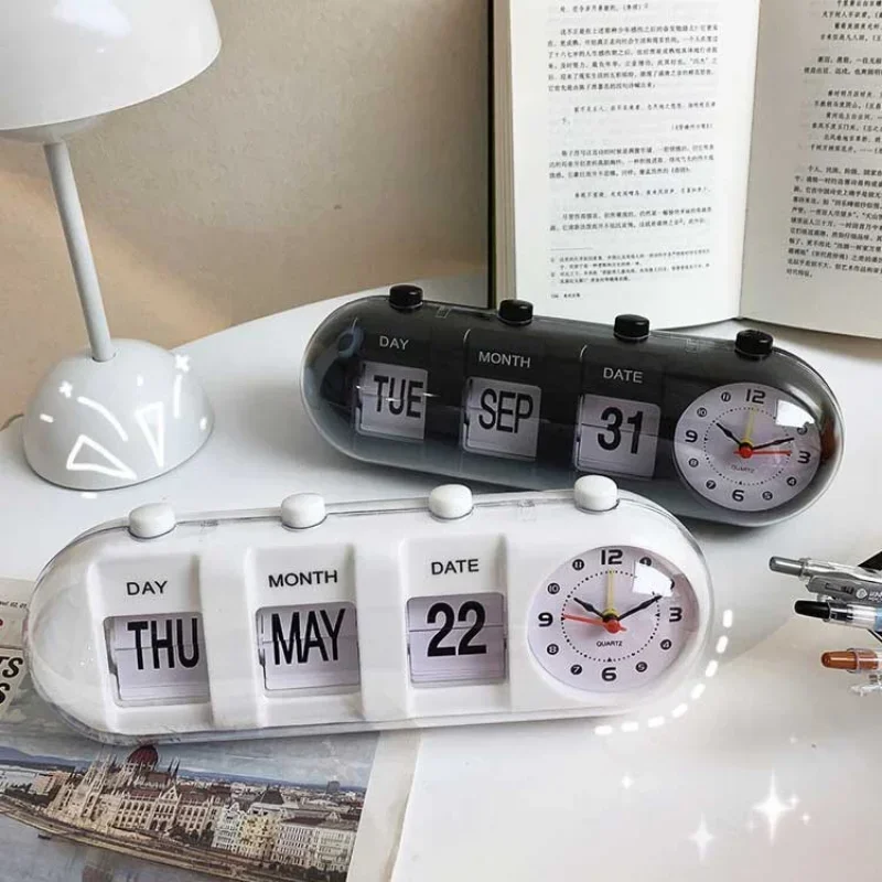 Reloj con tapa Rectangular ovalado Retro, reloj despertador con pilas blanco y negro, reloj con calendario Digital de escritorio, decoración del hogar