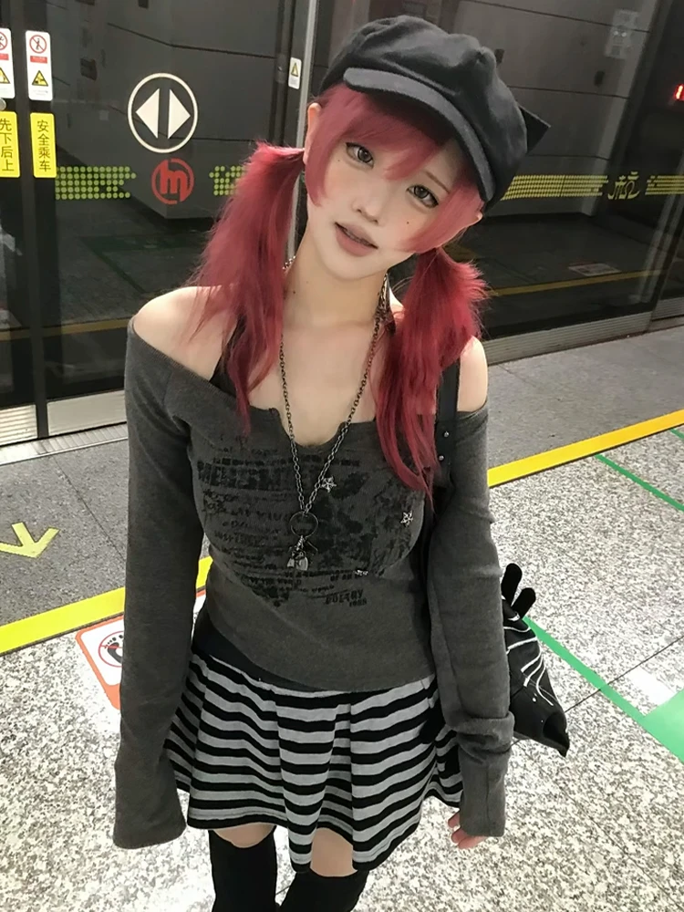 Genayooa Y2k Fairycore T Shirt Women Long Sleeve Fake Two Pieces Tops Japanese 2000s Print Graphic Tops Streetwear Crop Tops