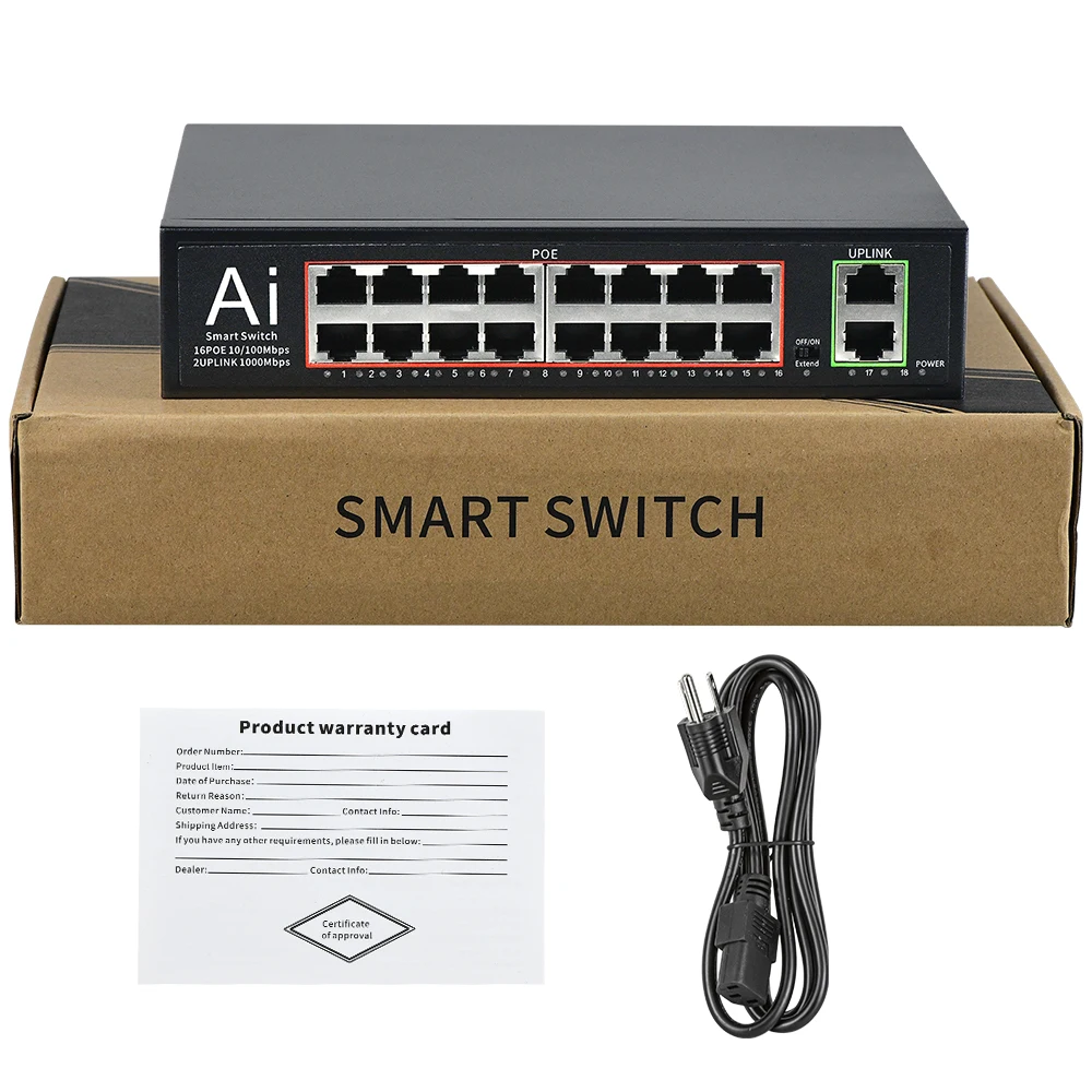 

US 16 Port PoE+Switch w/2 Gigabit Uplink Ethernet Ports Unmanaged 200W 803.af/at for IP Camera NVR Video Recorder