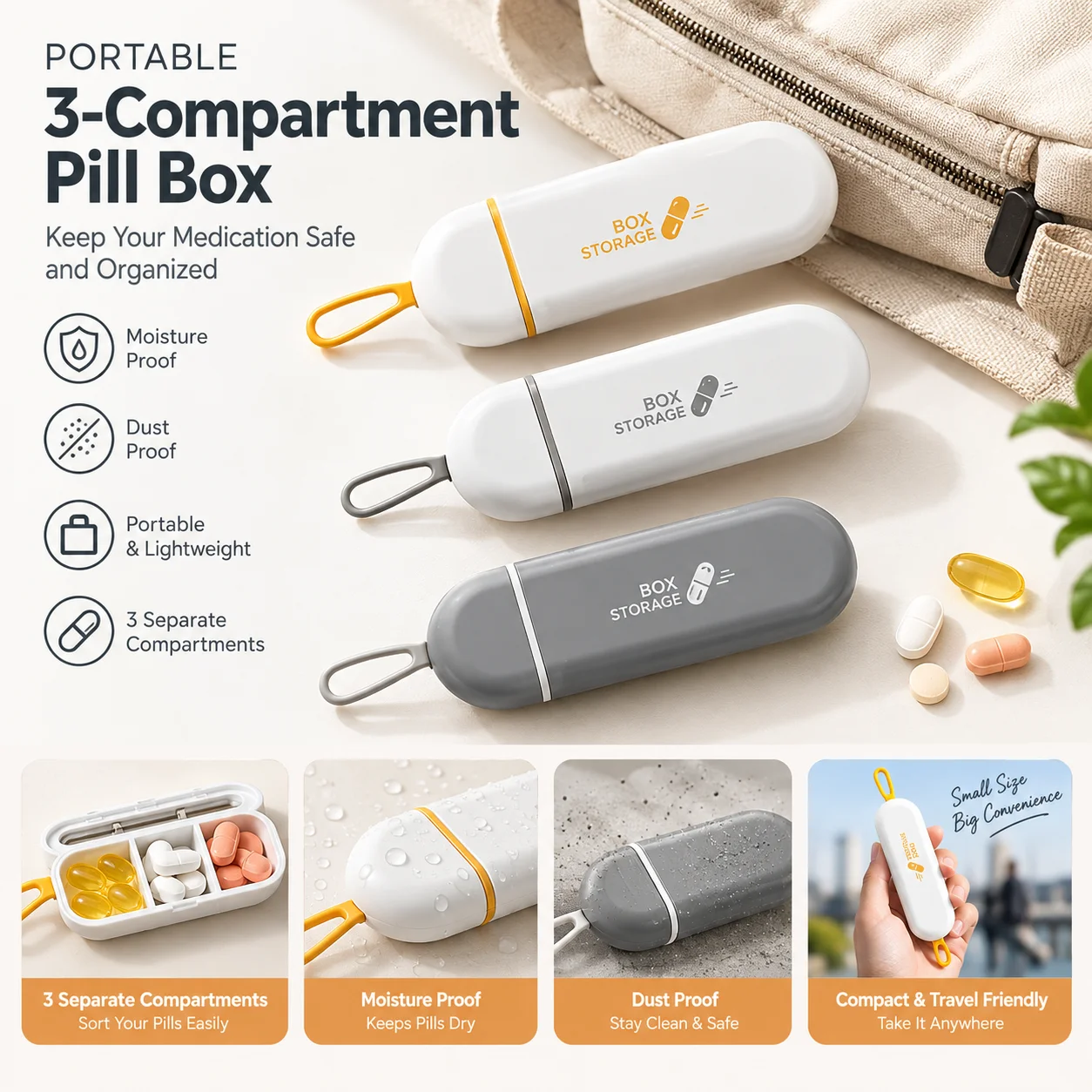 Portable Pill Box 3 Compartments Large Capacity Dustproof Moisture-Proof Tablet Organizer Medicine Storage Case Gift
