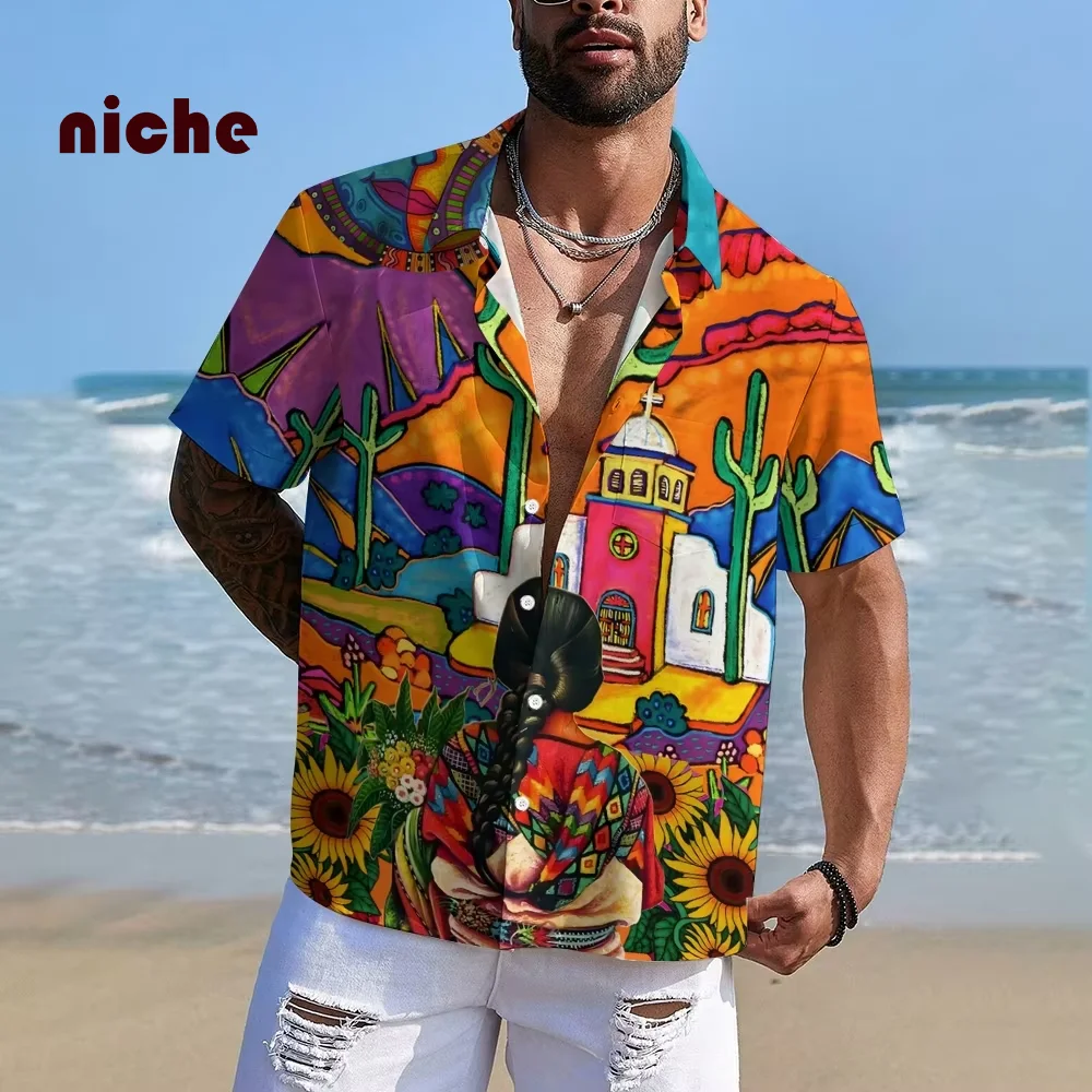 

Men's Short-Sleeved Shirt, Hawaiian Style, Contrasting Colors, Cartoon Flower Print, Polo Collar, Loose Trend, Casual Vacation