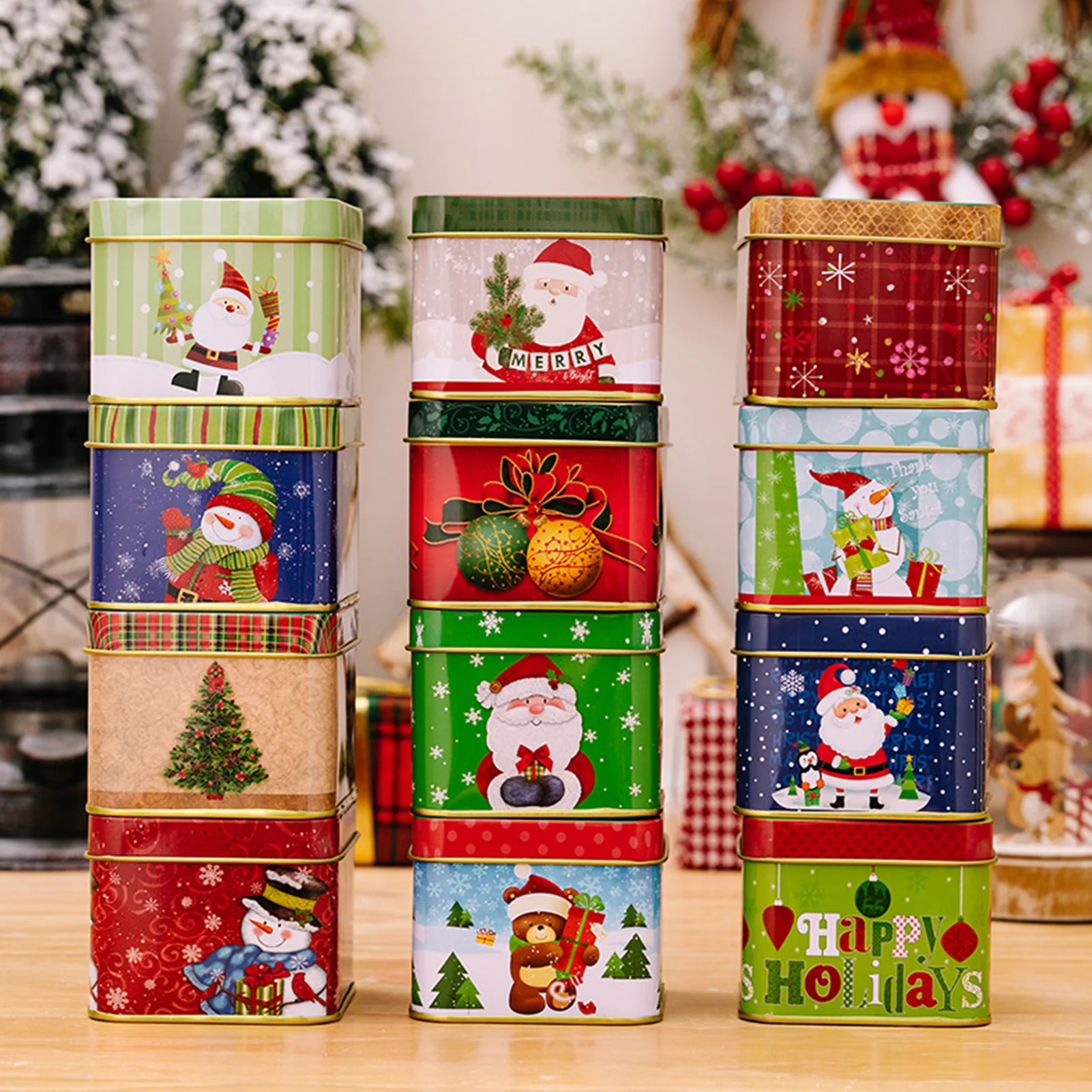 Food Storage 1 Year - กล่องของขวัญคริสต์มาสแบบสุ่ม 1 ชิ้น ลายการ์ตูนวินเทจซานตาคลอส มนุษย์หิมะ และหมี