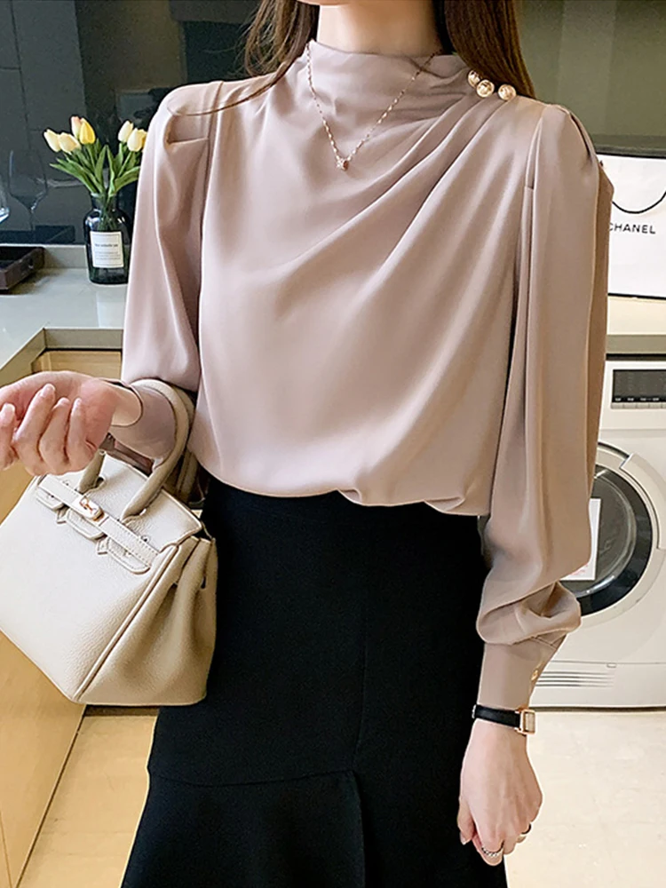 Spring Autumn Elegant Office Women Shirt Mujer Chic Satin Formal Lantern Sleeve Blouse Tops Loose Pullover Jumper Street Clothes