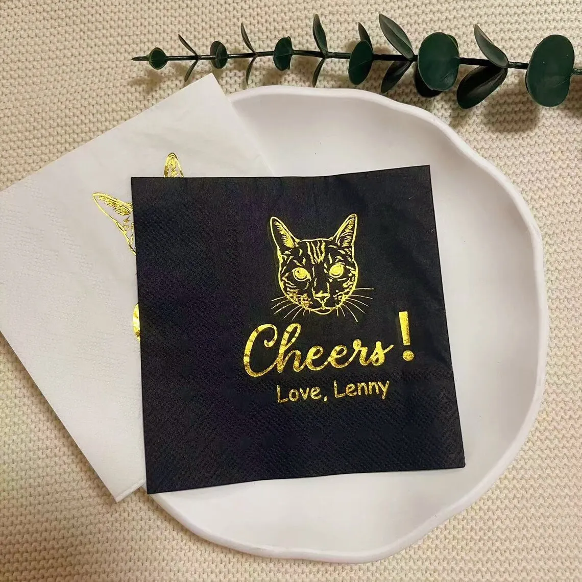 

50 PCS Custom Illustrated Cat Foil Wedding Napkins, Custom Silver Foil Cat Wedding Napkins, Custom Cocktail Napkins, Personalize