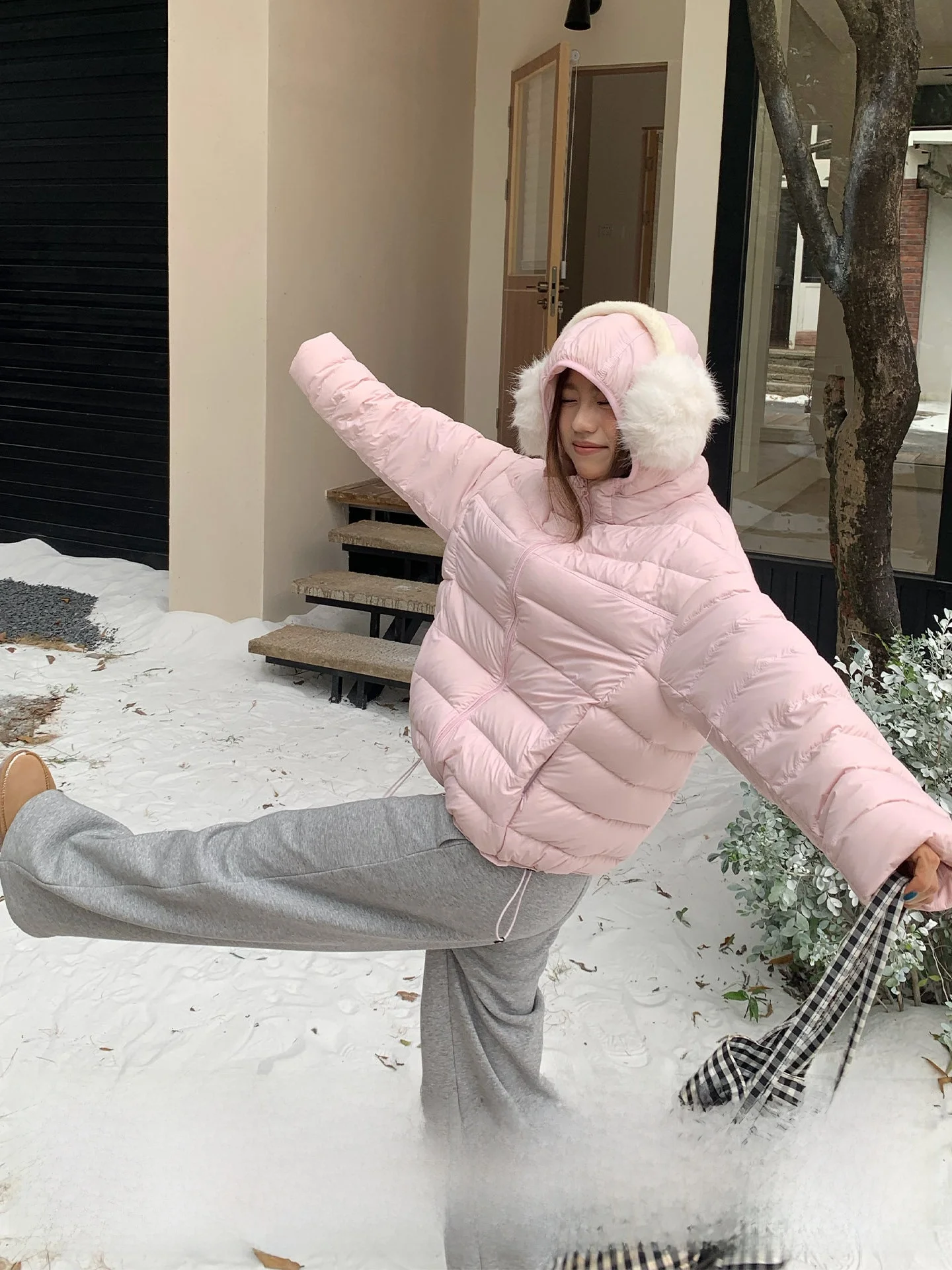 

Pink Hooded Orange Tree Lightweight Warm Women's down Jaet Casual Loose Fit 90% White Du down Filling Versatile Outerwear