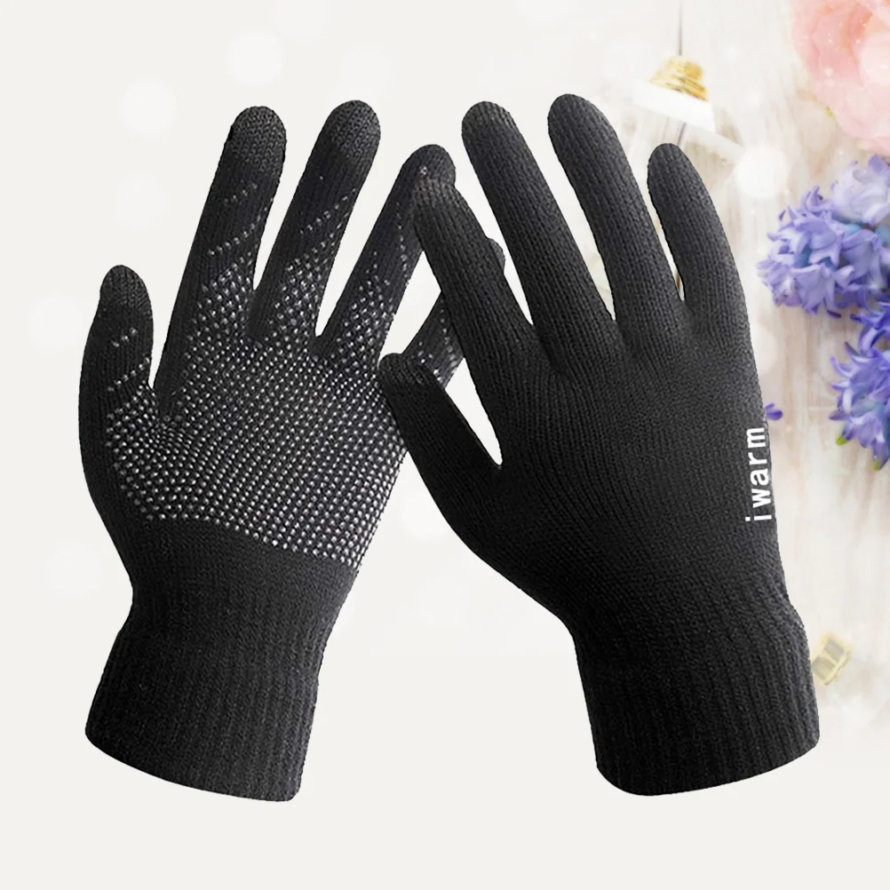 Men Women Unisex Mobile Phone Touch Screen Gloves Winter Thick Warm Knitted Outdoor Sports Cycling Mittens（Black)