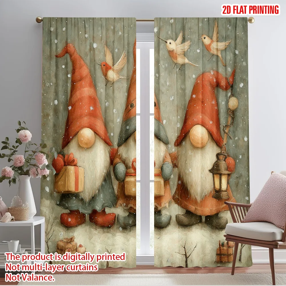 2pcs,2D plane printing Curtain Popular Merry Christmas Winter midget decoration with red hat Versatile 100% Polyester (without