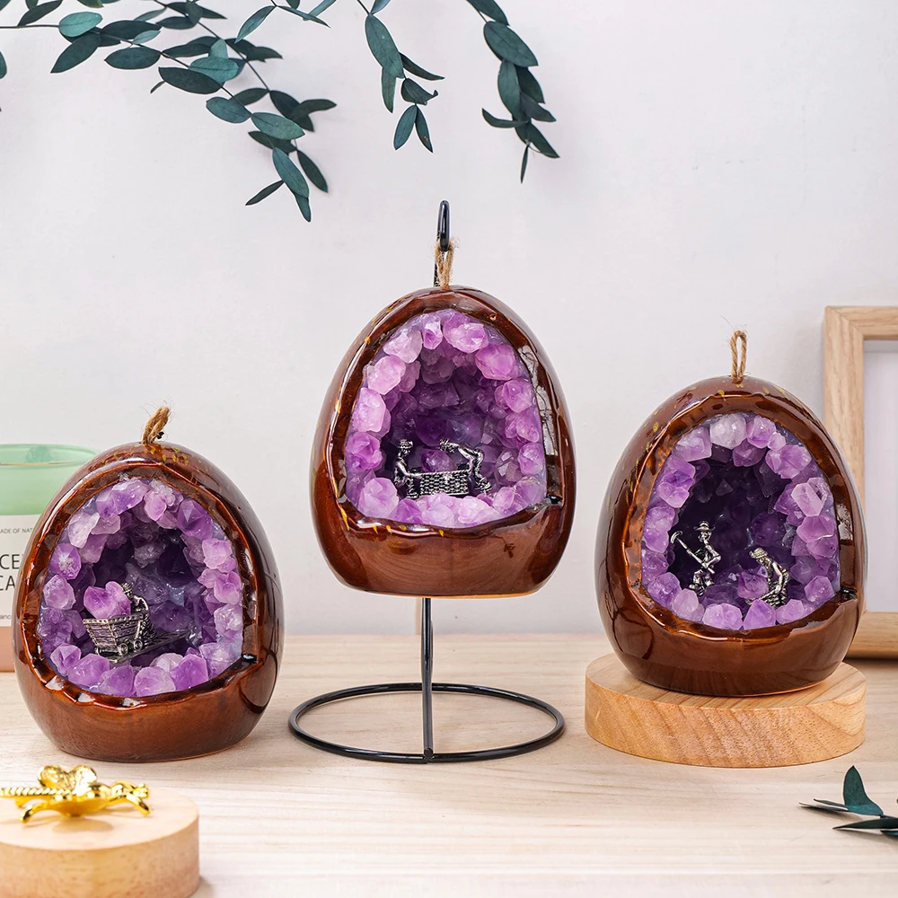 1PC Natural Crystal Amethyst Bud Dinosaur Egg Shaped Geode Lamp Mini Miner For Living Room Study Bedroom Bedside Decor