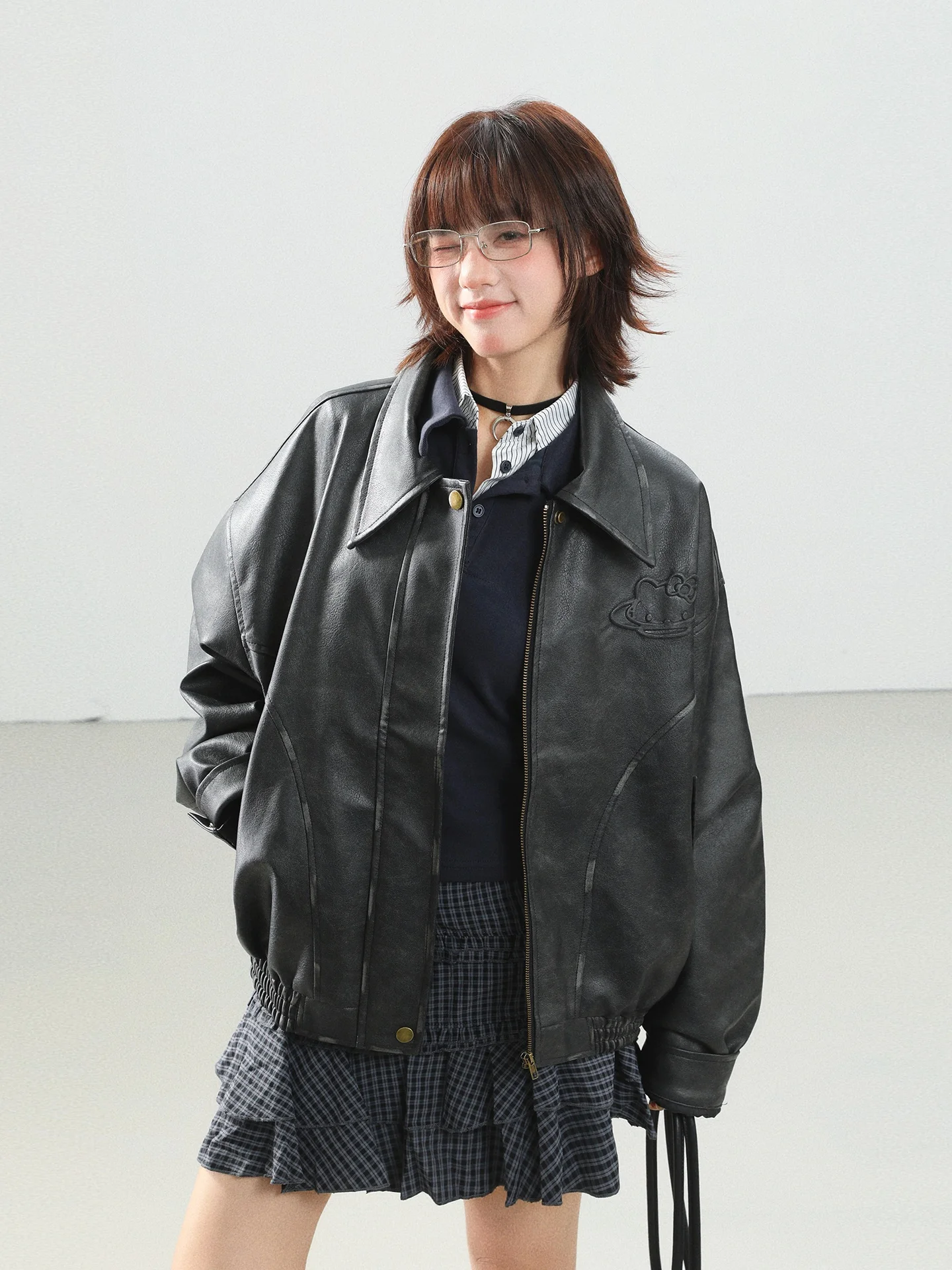 Retro aonw katie emed couro do plutônio jaet feminino sli solto outerwear primavera outono faion marca high-end sentir topo