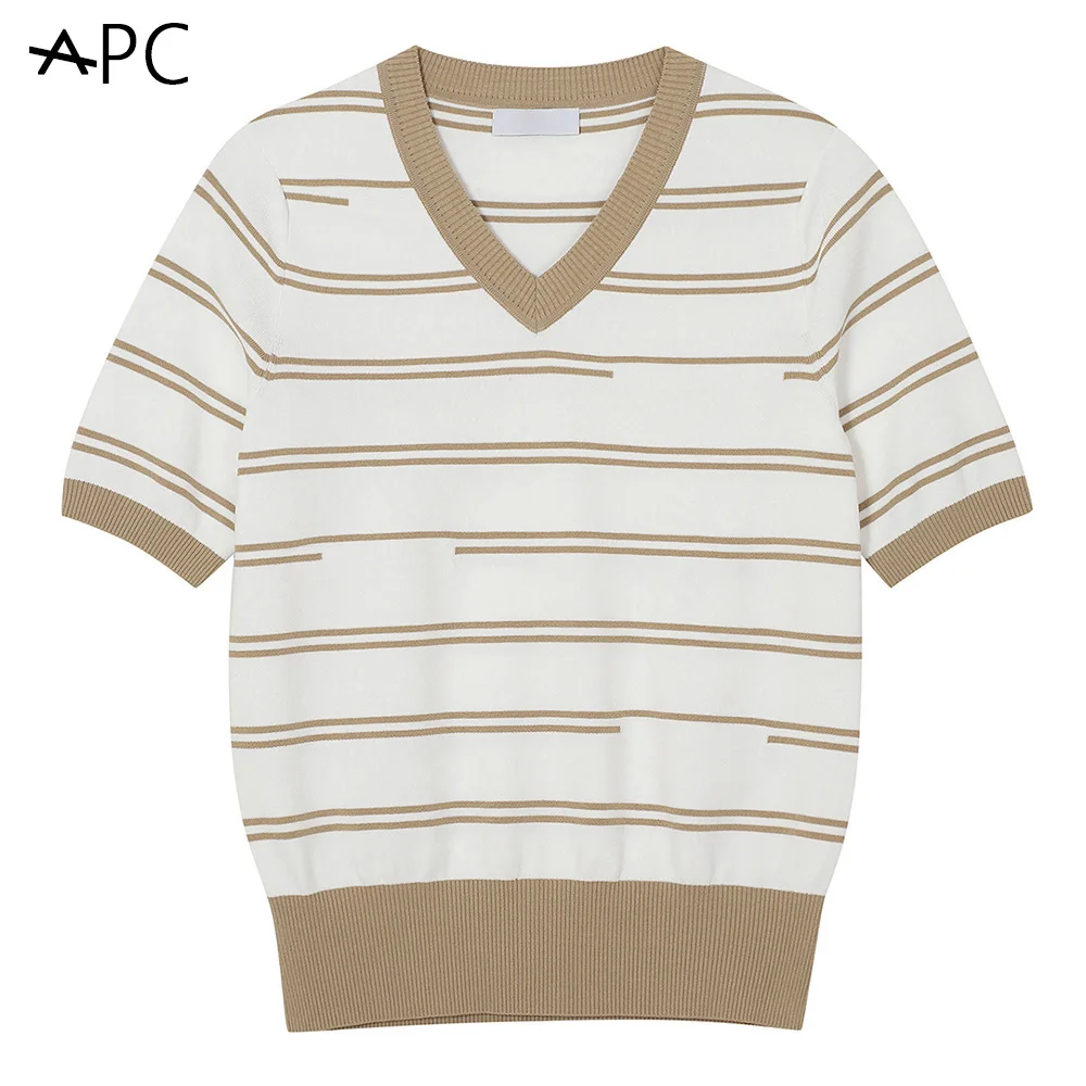 Trendy New Women's Knitted T-shirt! Luxurious Design, Stripes, Simple Style, Sports V-neck, Golf Short Sleeves