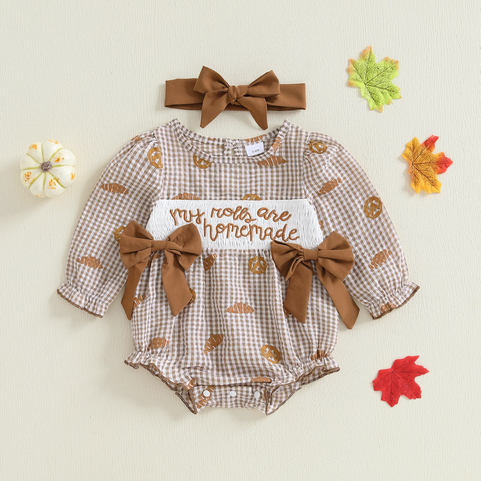

0-3Y Infant Baby Girl Thanksgiving Outfit Plaid Croissant Letter Embroidered Long Sleeve Romper and Headband 2 Piece Fall Sets