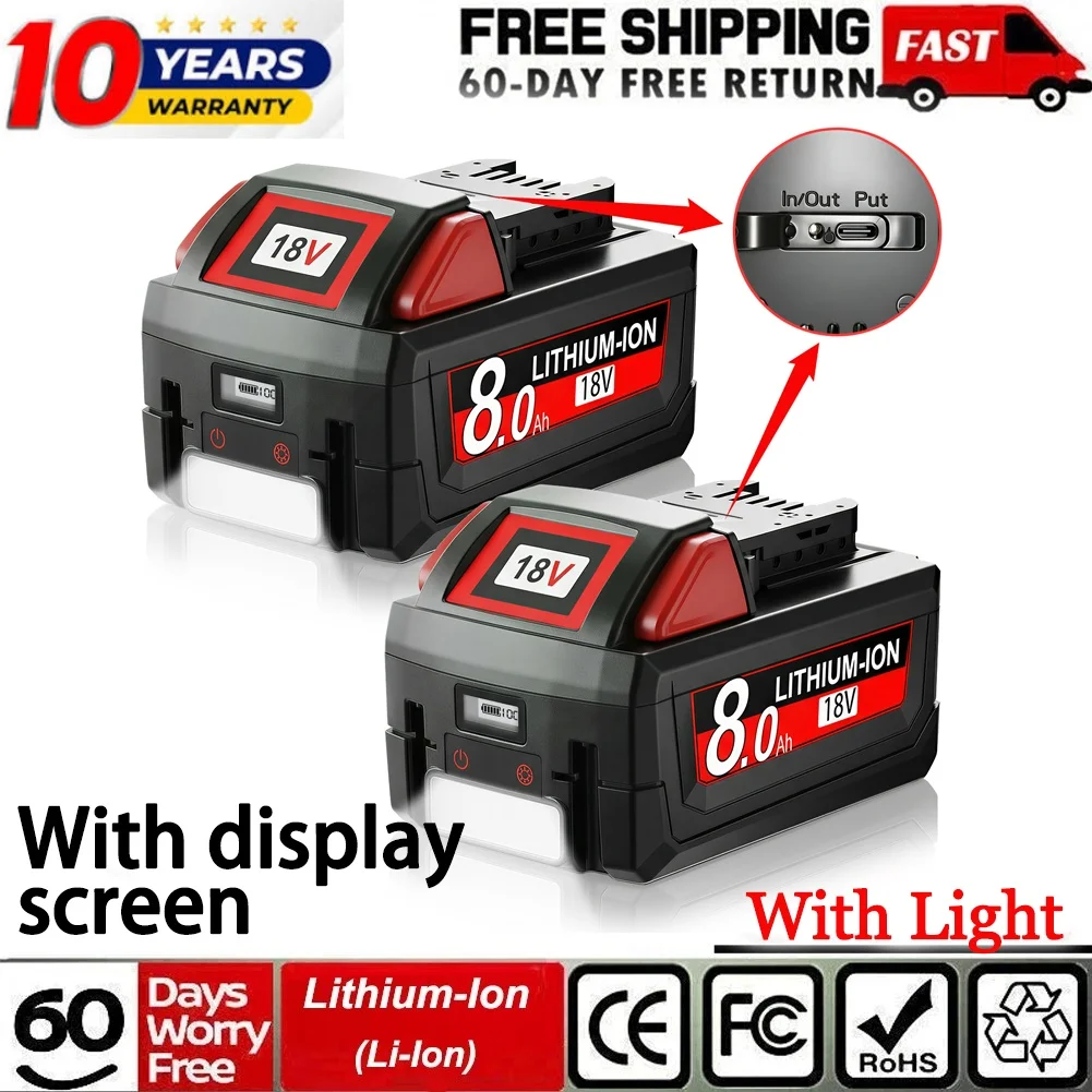 Akumulator Milwaukee M18 18V XC 8000mAh Li-ion z oświetleniem i wyświetlaczem, obsługujący szybkie ładowanie PD.