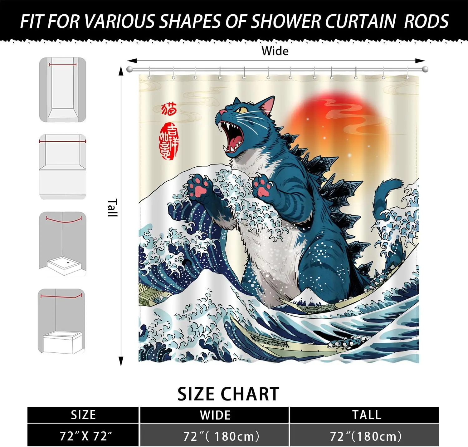 Ukiyo-e Japanese Great Wave Catzilla Monster Cat Pattern Shower Curtain Waterproof Mildew Resistant Polyester Fabric With Plasti