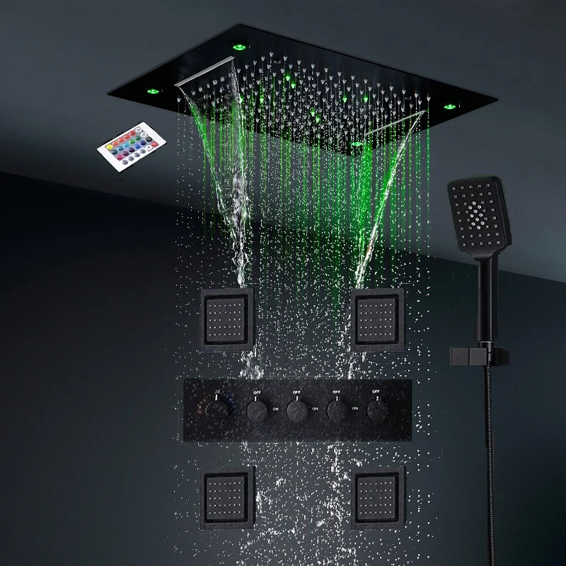 hm Modern Waterfall Rain Shower System Bathroom Black Faucet Embedded Ceiling LED Showerhead Thermostatic Diverter Valves