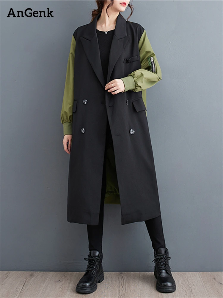 

2023 Autumn Winter Oversized Turn-down Collar Trench Coat For Women Casual Loose Vintage Patchwork Fashion Outerwear Cardigan