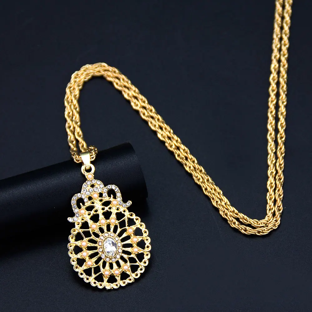 Sunspicems Gold Color African Hollow Flower Pendant Necklace For Women Arabian Bridal Jewelry Crystal Party Necklace