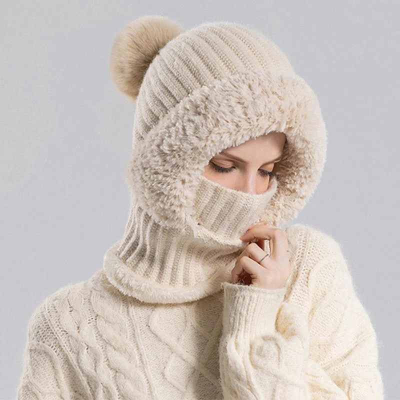 

Зимняя женская интегрированная маска-шарф, вязаная шапка, ветрозащитная толстая теплая флисовая шапка-ушанка, капюшон, спортивные аксессуары на открытом воздухе