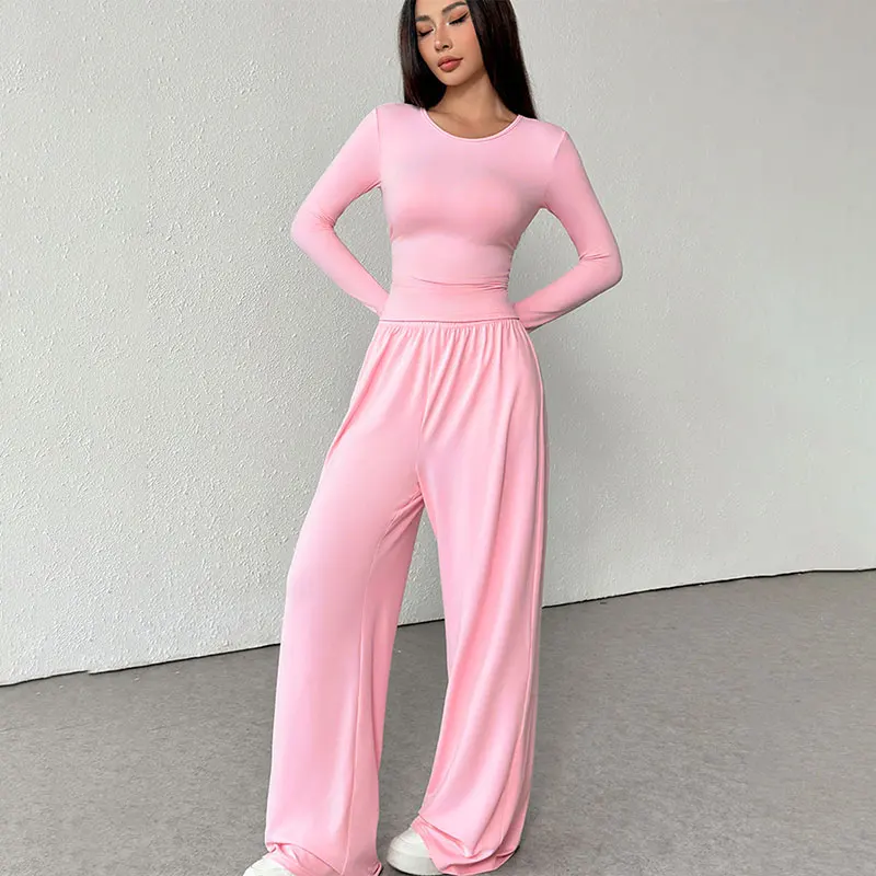 

Women Pink Sweet 2 Piece Fashion Streetwear New Long Sleeves O-Neck T-shirt Casual Slim Loose Trousers Elegant Female Clothing
