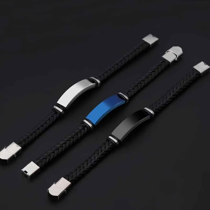 

DIY Woven Leather Rope Wrapped Classic Stainless Steel Men's Leather Bracelet Metal Safety Hidden Buckle Wristband Accessories