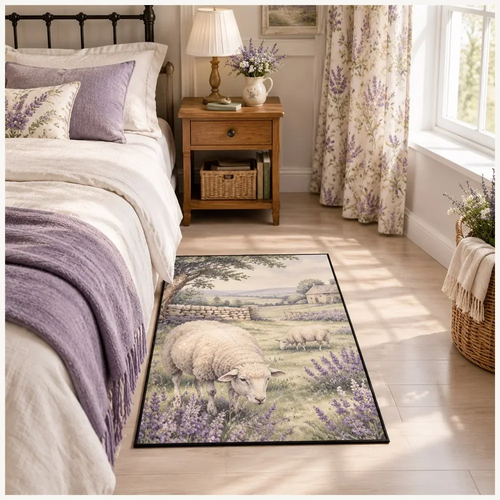 VIKAMA Shepherds Meadow Door Mat, Modern Non Slip Flannel Rug, Country Charm Floor Mat for Conservatory, Dining Room, Bathroom