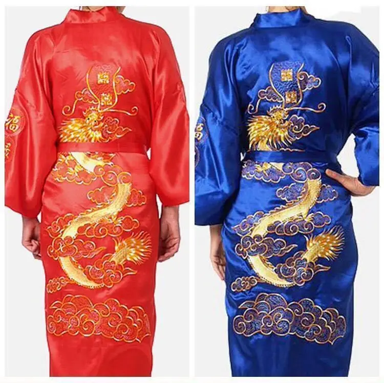 Men Robe V Neck Kimono Sleepwear Nightgown Embroidered Dragon Robe Cardigan Bathrobe Home Clothes Lounge Loose Sleep Dress