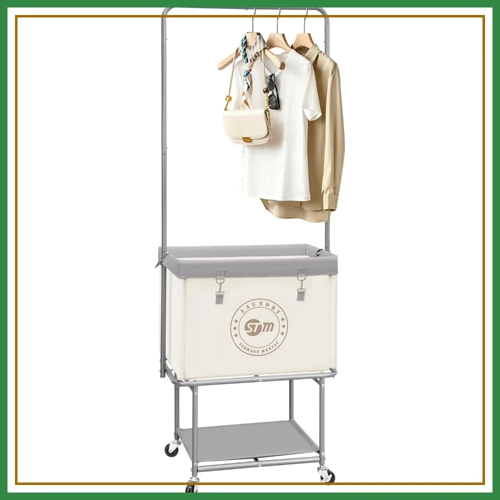 

Rolling Laundry Cart 110L with Hanging Bar & Shelf, Heavy Duty Hamper with Lockable Wheels, Beige