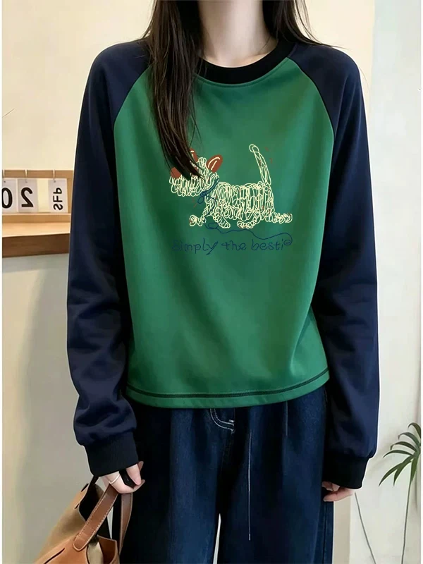 Green Long Sleeve T-Shirt Women's Early Spring Autumn Loose Slimming Print Top Trendy Korean Style Commute Style Polyester Fiber