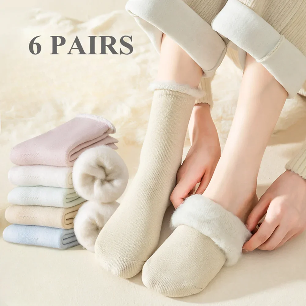 

6 Pairs Thick Fleece Artifical Cashmere Socks Women Warm Thermal Winter Socks Cozy Fluffy Bedroom Sleeping Floor Socks