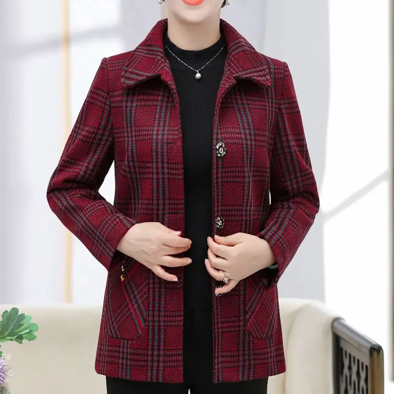 Middle-Aged Elderly Women\'s Short Coat Fashion Lining Plaid Jacket New Spring Autumn Grandma Casual Outerwear Loose Female Tops