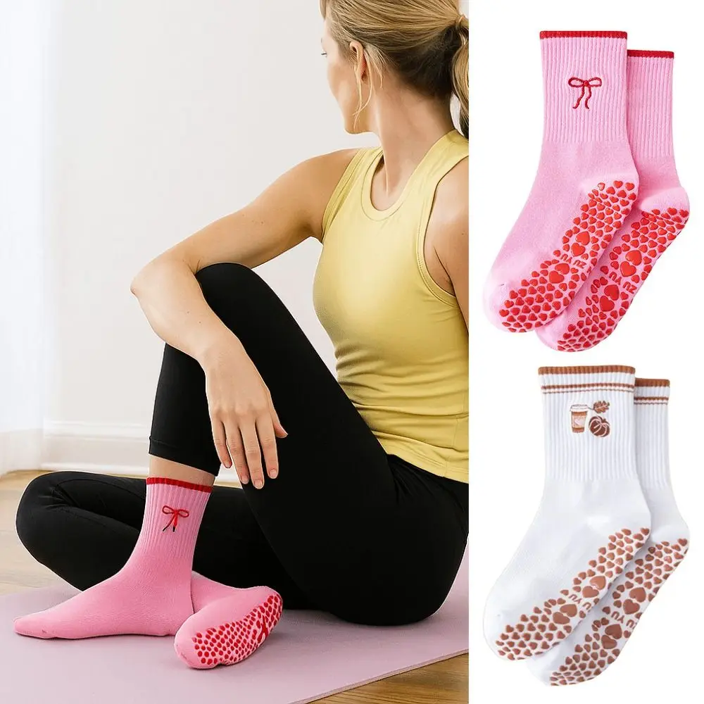 

New Cotton Pilates Socks Breathable Harajuku Street Yoga Socks Non-Slip Grip Casual Cherry Embroidery Socks