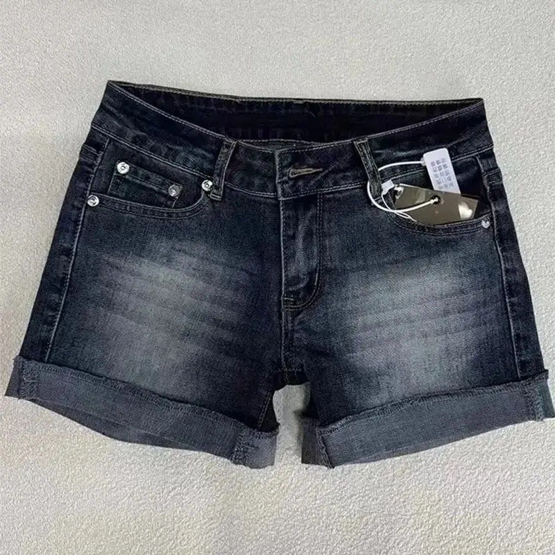 

Retro Roll up Hem Deep Blue Denim Shorts Women Summer Sexy L High Waist Elastic PU Fabric Ladies Jeans Short Description