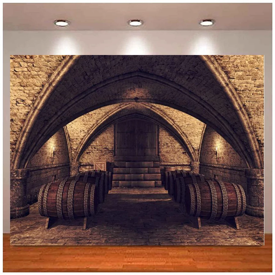 Vintage Wine Cellar Backdrop Winery Underground Storage Room Retro Arch Brick Wall Wooden Barrels Bar Club Pub Background Men