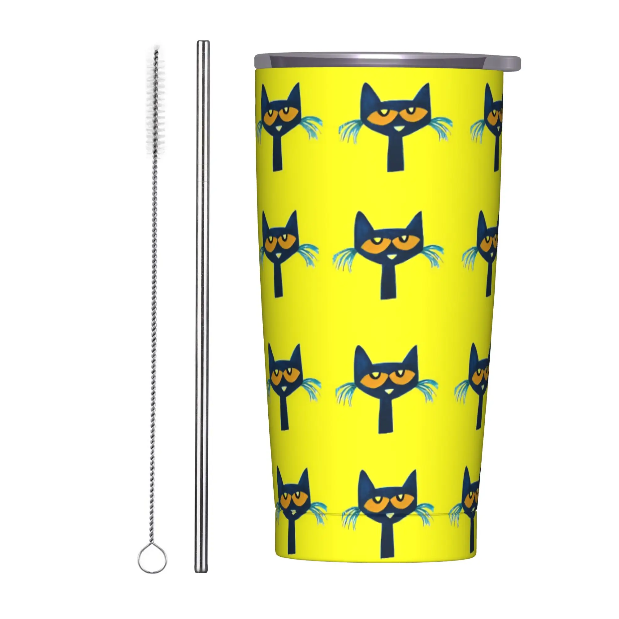 Pete the Cat Groovy Insulated Tumbler with Straws Lid Cartoon Stainless Steel Thermal Mug Office Home Car Bottle Cup, 20oz