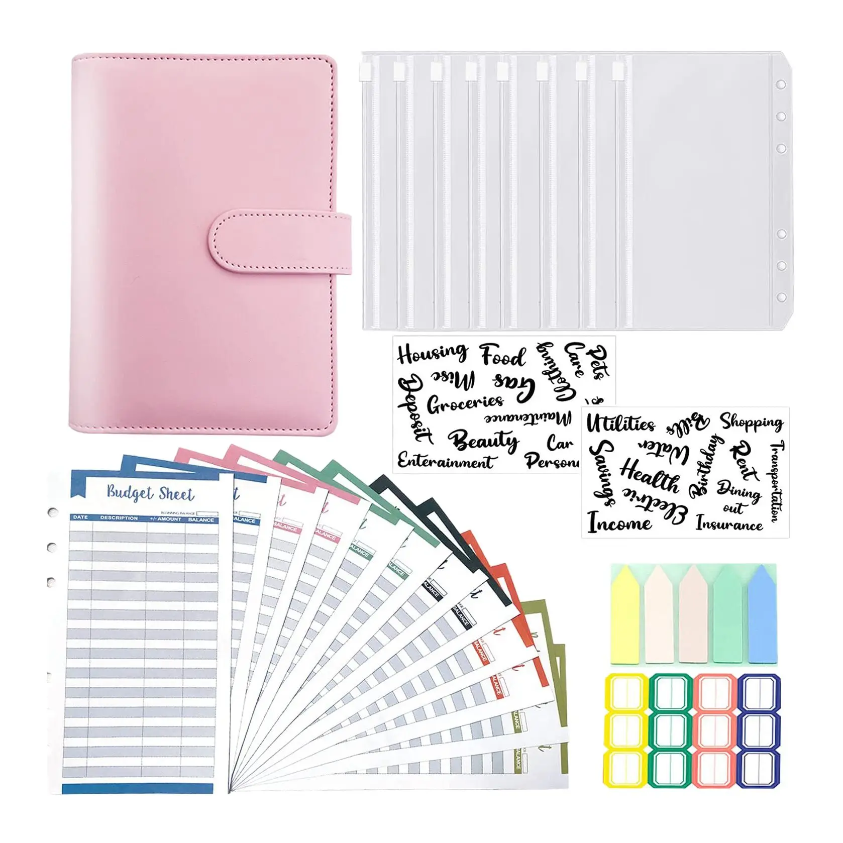 

A6 Binder Cover with A6 Binder Pockets Expense Budget Sheets Sticker Labels for Money Cash Envelopes System Pink