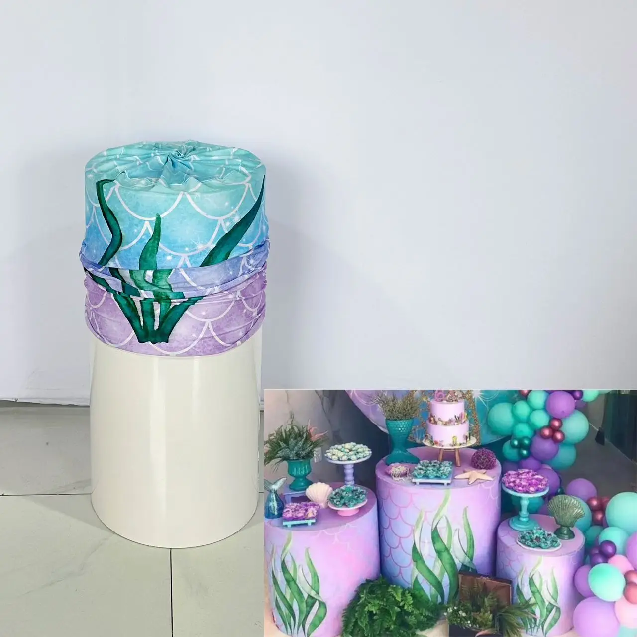 Mermaid Theme Seaweed Print Cylinder Cover for Birthday Parties, Wedding and Baby Shower Decoration Props