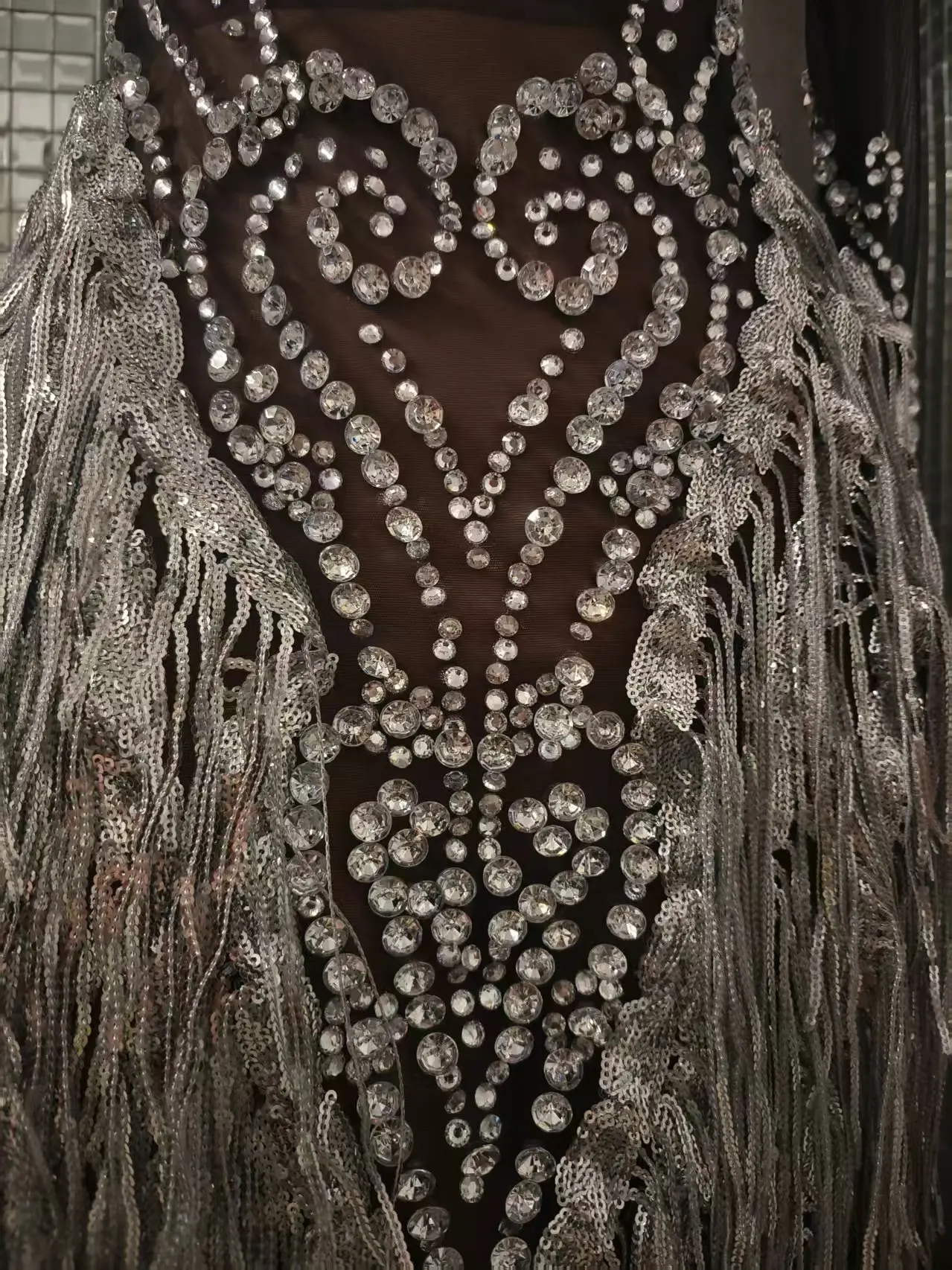 Ladies Latin Dance Team Outfit Sparkly Rhinestone Tassel Mini Dress Black See Through Mesh Dresses Stage Performance Wear Heitao