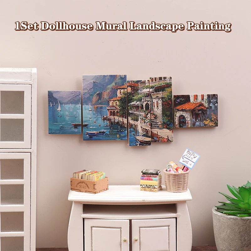 5Pcs/set 1/12 Dollhouse Mini Oil Painting Mural Wall Picture Model Dollhouse Living Room Decoration Micro Scene Photo Props