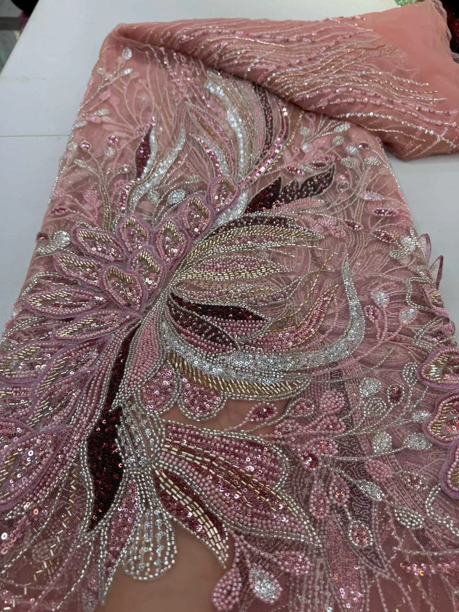 

5 Yards African Groom Sequins Lace Fabric High Quality French Embroidery Heavy Beads for Nigerian Sewing And Bridal Gown Making