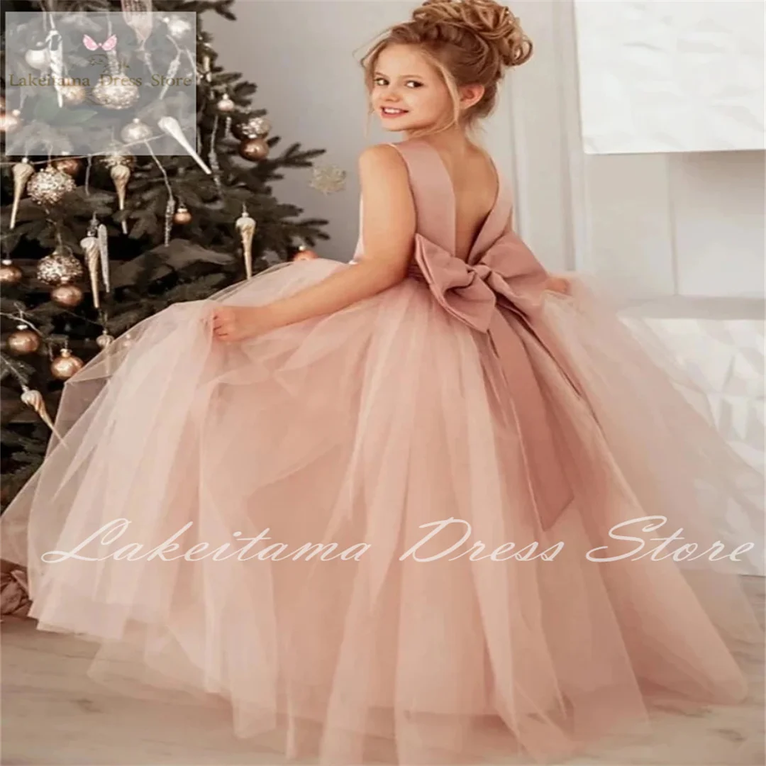 

Flower Girls Satin Tulle Princess Pageant Dress for Wedding Kids Pearls Prom Ball Gowns with Bow-Knot Flower Girl Dresses