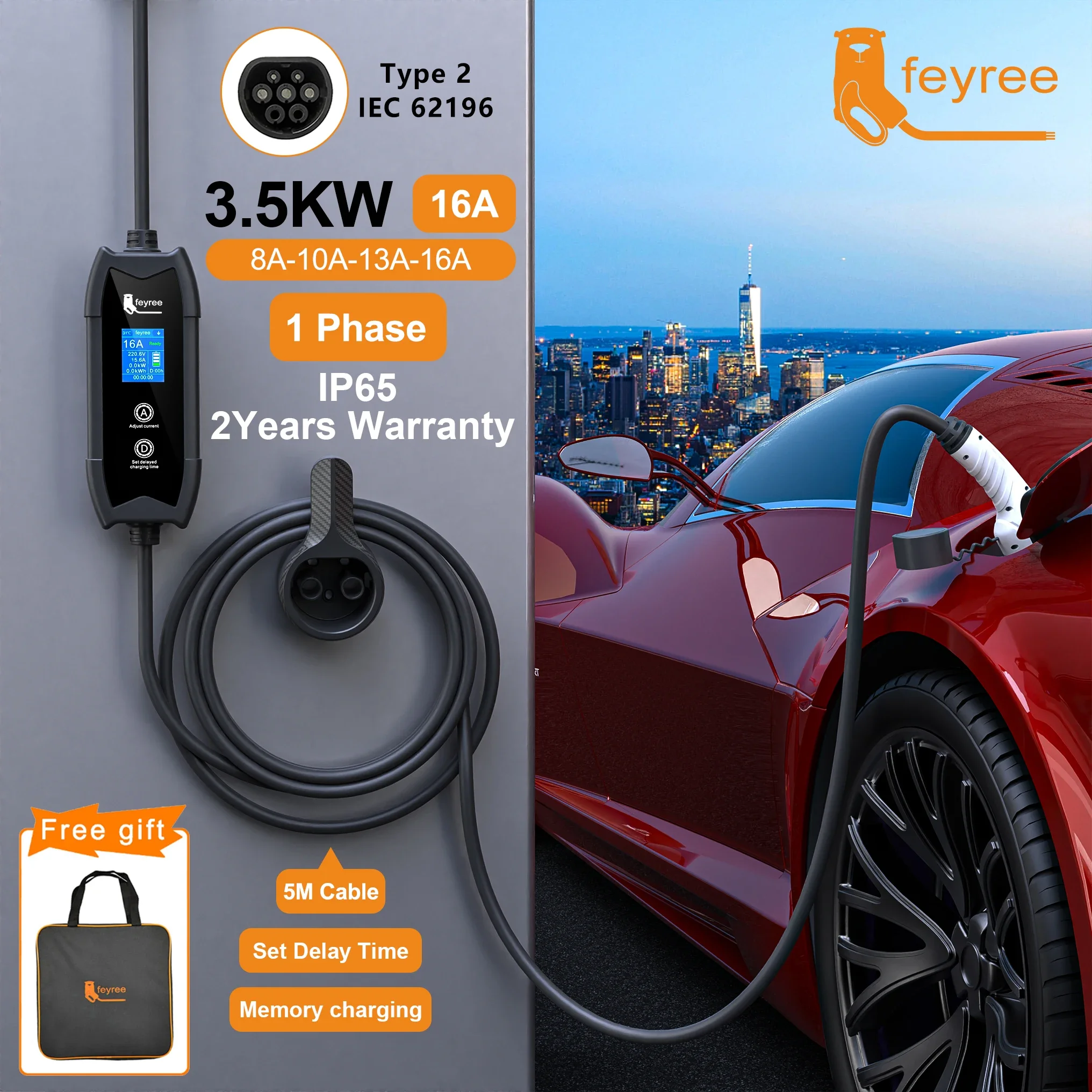 feyree EV Charger Type2 3.5KW 16A Portable Charging Box Set Current and Set Delay Time 5M Cable for Electric Vehicle Car Charger