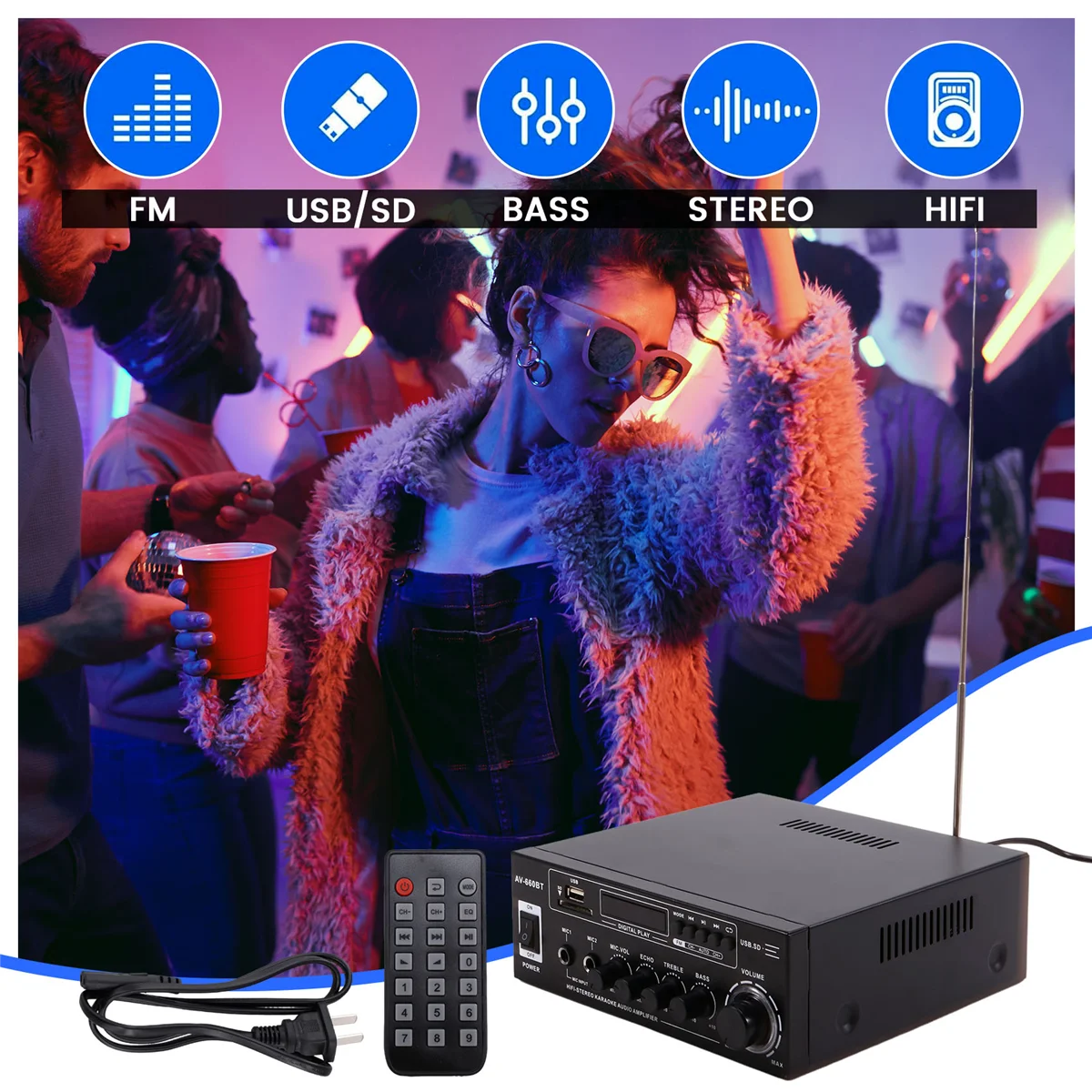 AV-660BT Bluetooth Sound Amplifier - Power Amplifier Support Bluetooth, FM Radio, USB, SD Card & Dual Mic Inputs US PLUG